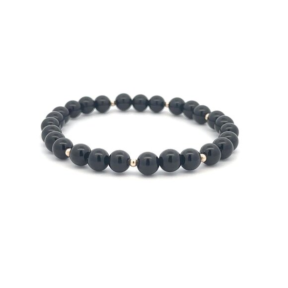 Onyx Gemstone Beaded Stretch Bracelet with 14K Gold Accent Beads Handmade - Picture 3 of 7